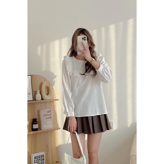 [Ảnh thật/Sẵn]Áo sơmi Ulzzang cổ tròn tay bo viền bèo ngực