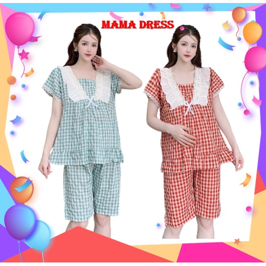 Bộ đồ bầu và sau sinh lửng mùa hè MAMA DRESS thiết kể kẽ sọc kèm nơ xinh có khóa ti và chun chỉnh đẹp giá rẻ B56