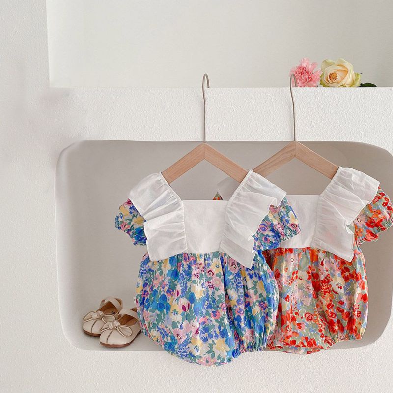 Bộ Áo Liền Quần Cổ Vuông Tay Lỡ In Hoa Xinh Xắn Cho Bé Gái