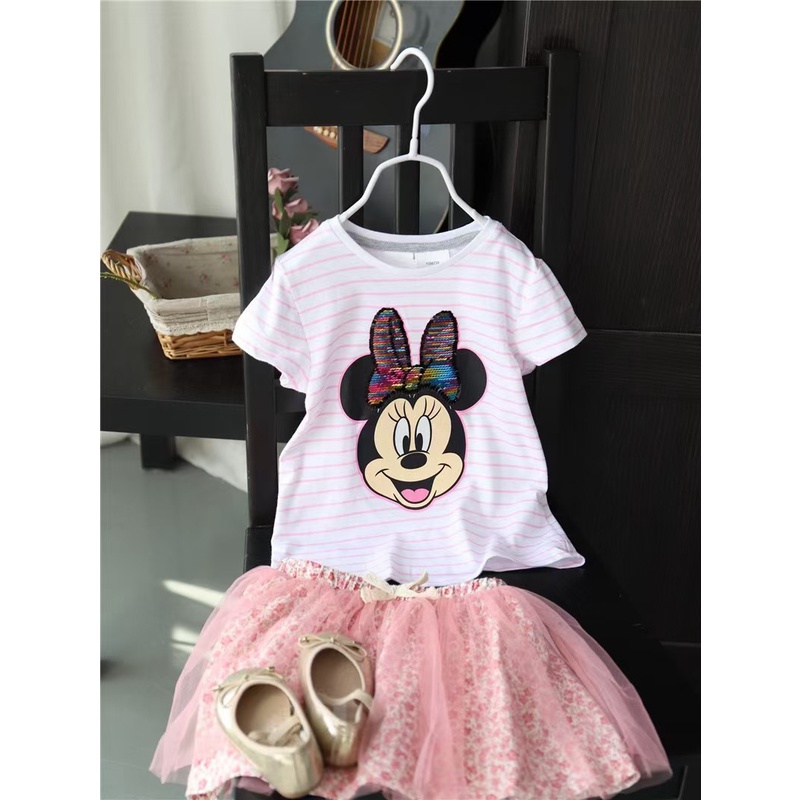 Áo ngắn tay kim sa lật bé gái Minie và Elsa 2-7T