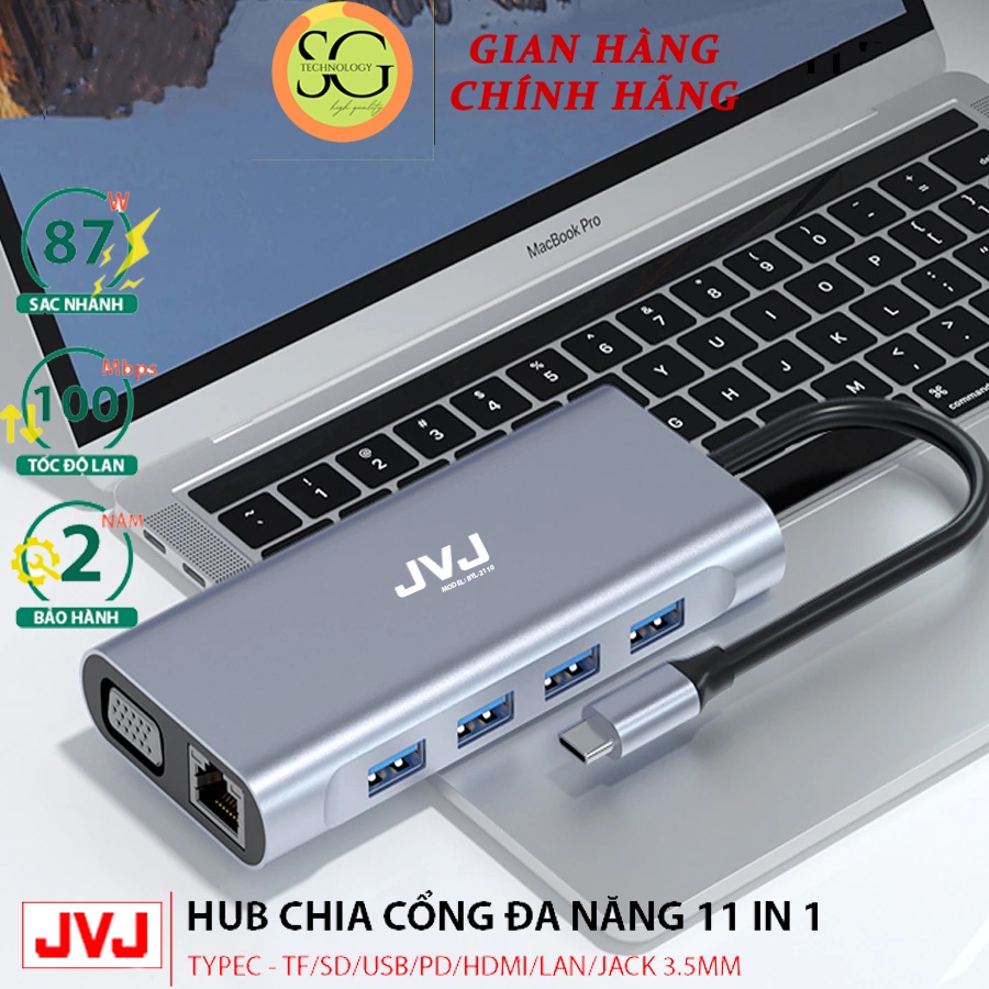 Hub chuyển đổi Macbook JVJ C11 cổng TypeC 11in1 sáng HDMI 4K, VGA, USB - C 3.0, cổng lan RJ45, TypeC 3.5mm BH 2 năm1đổi1 | BigBuy360 - bigbuy360.vn