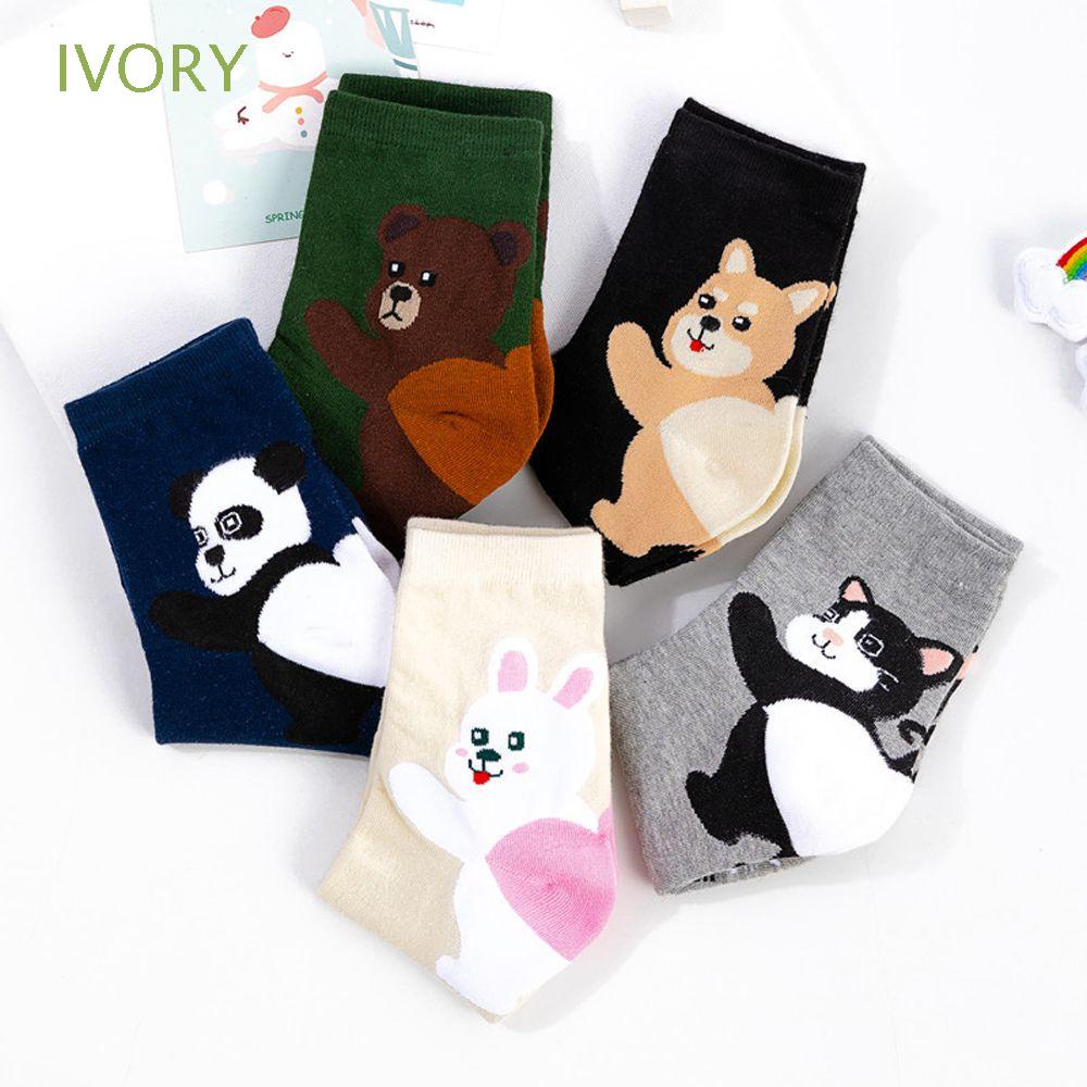 IVORY Fashion Cartoon Animal Socks Cute Crew socks Women Cotton Socks Happy Female Bear Dog Absorb Sweat 1 Pair Mid-tube