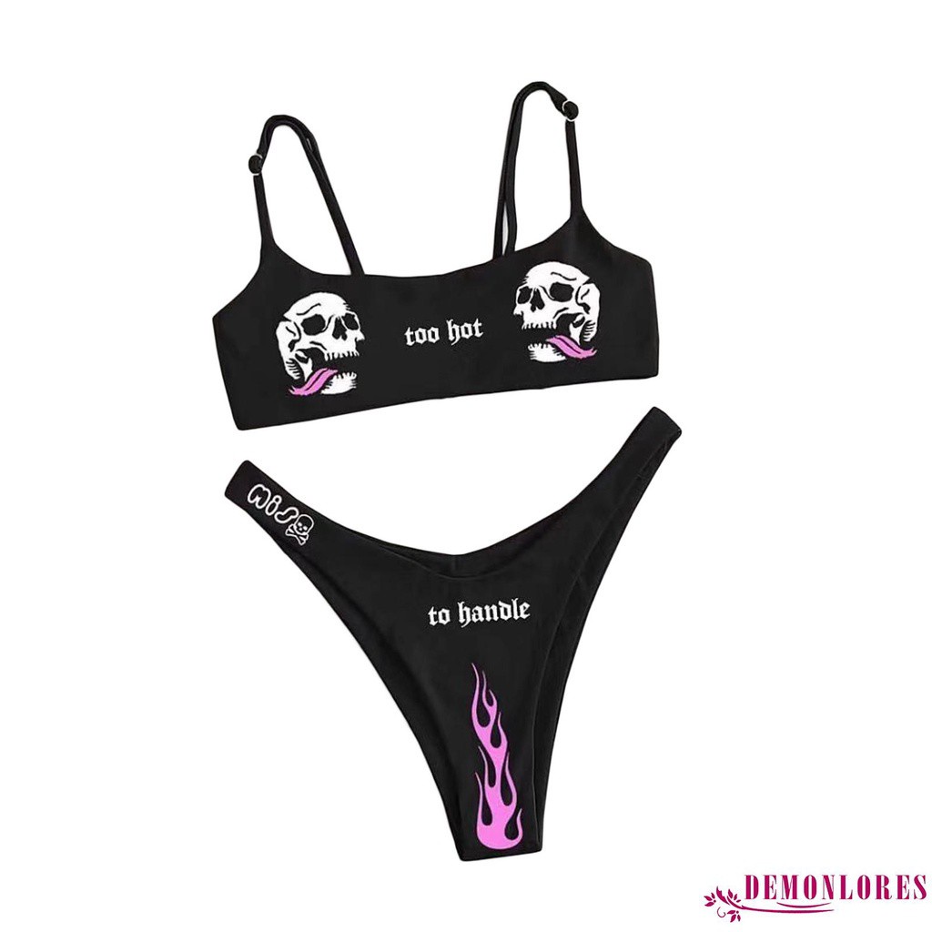 Bộ đồ bơi bikini hai mảnh dây có thể điều chỉnh in họa tiết đầu lâu cá tính cho nữ