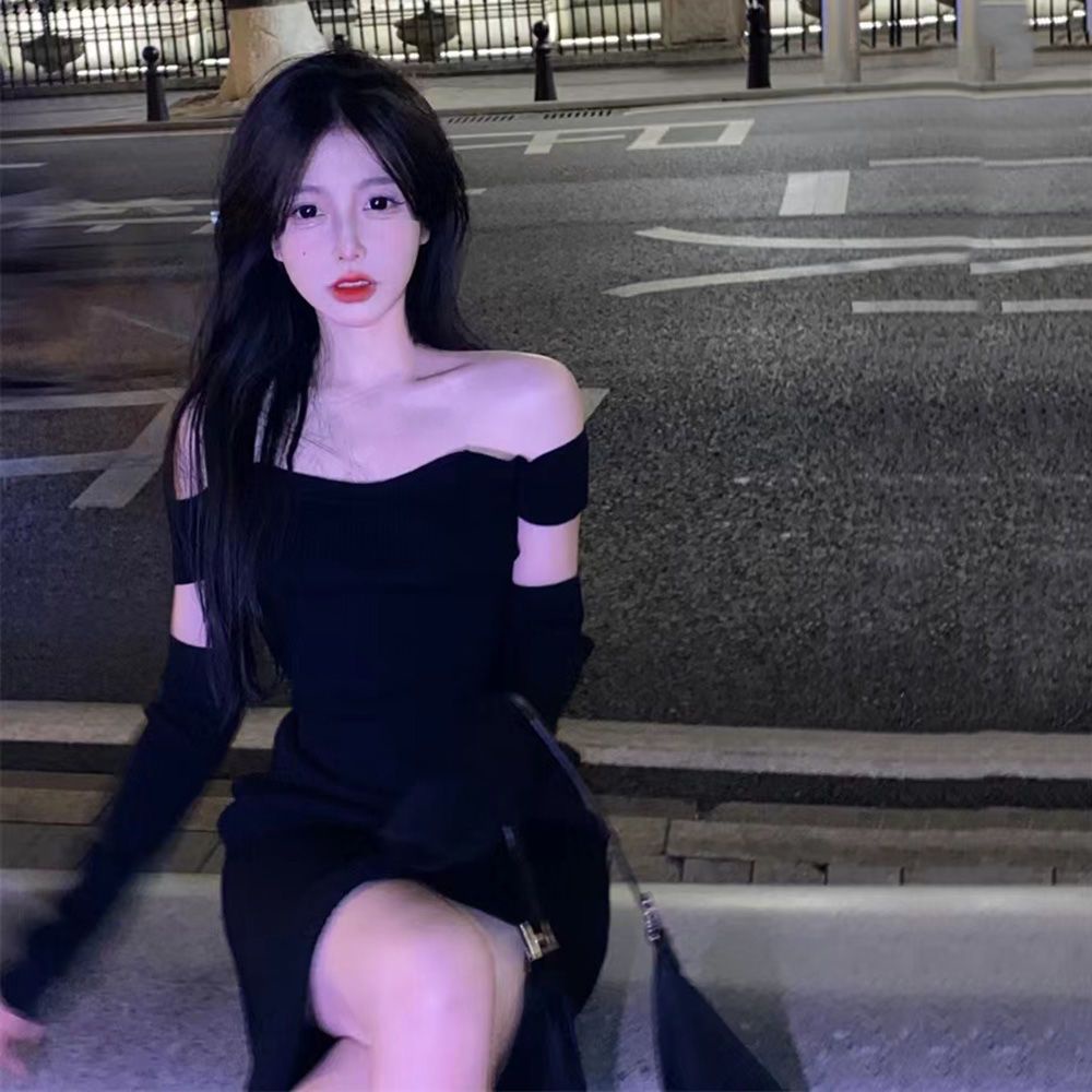 Đầm Body Sexy Trễ Vai Xẻ Tà Dáng Dài Màu Đen Phong Cách Hàn Quốc Váy Sang Chảnh Tiểu Thư