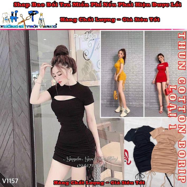 Váy Đầm body sexy ngắn tay xẻ ngực rút dây cổ tròn mẫu mới  thời trang 2021  ྇