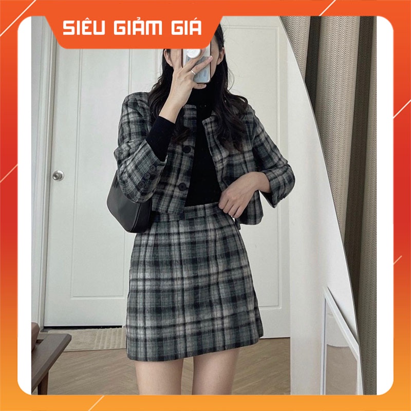 Sét Áo Khoác Dạ Kẻ Mặt Lông Dáng Lửng Kèm Chân Váy M0525-Teen 888