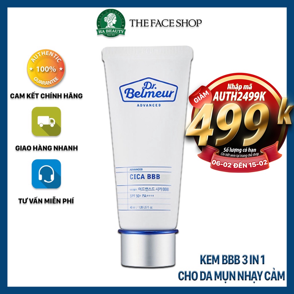 Kem nền che khuyết điểm trang điểm dưỡng da chống nắng The Face Shop Dr Belmeur Advanced Cica BBB 40ml SPF50+PA+++