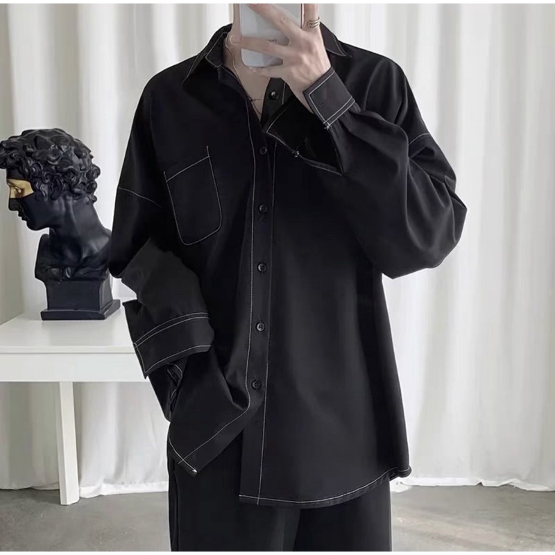 Sơmi Lụa tay dài CHỈ NỔI màu ĐEN/TRẮNG phong cách Ulzzang  Nam Nữ Uniex Áo Sơ mi form rộng Jaystoree2