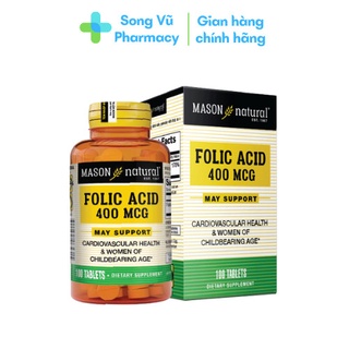 Folic Acid 400mcg Mason - Ngăn ngừa tình trạng thiếu máu của mẹ và tình trạng dị tật của thai nhi (Hộp 100 viên)