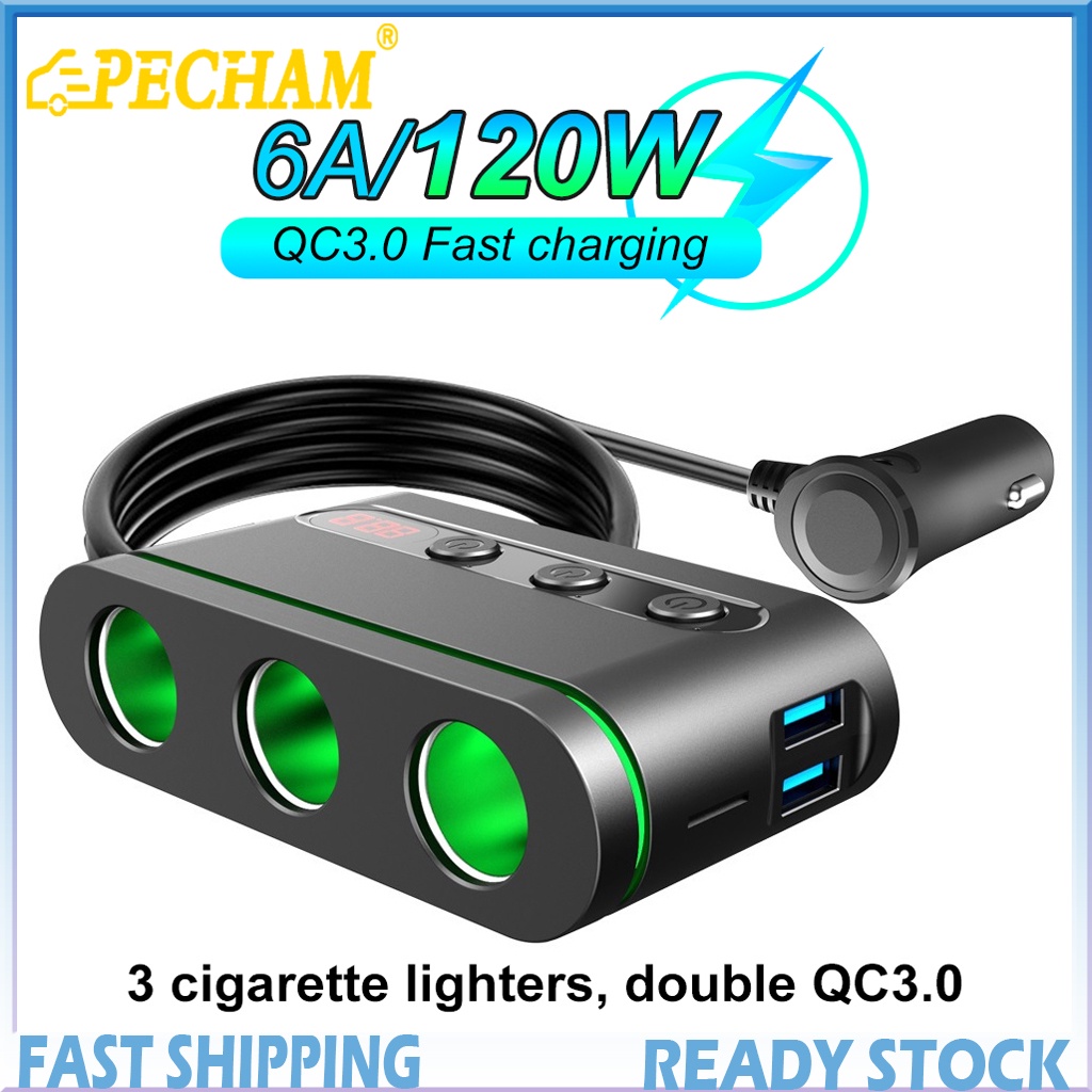 Tẩu sạc nhanh PECHAM thông minh QC3.0 2 cổng USB kép +3 công tắc đèn tiện lợi dùng cho xe hơi