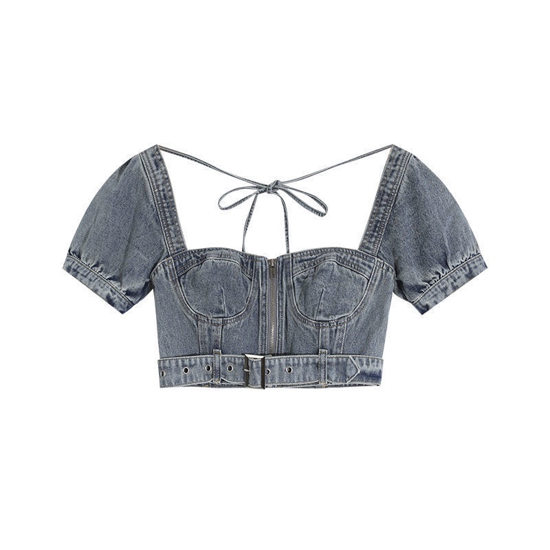 AMOI Bộ Áo Trễ Vai + Chân váy jean Lưng Cao Xếp Ly Thời Trang Cho Nữ