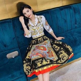 HÀNG QC - ĐẦM SƠ MI XÒE LỤA HOẠ TIẾT CHÂN VÁY DẬP LY CAO CẤP - LS205