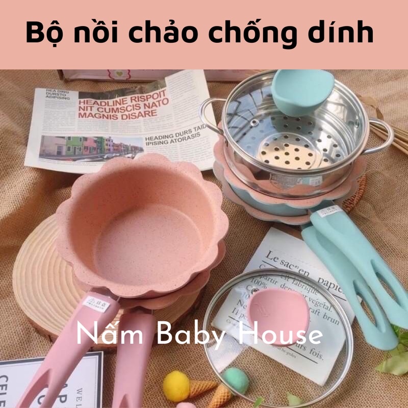 Bộ nồi chảo đá kèm khay hấp cho bé ăn dặm 16cm màu xanh dương, hồng siêu xinh