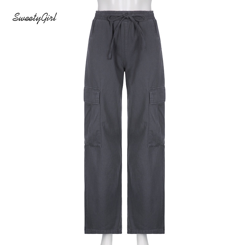 Quần Dài Eo Cao Dáng Rộng Phối Túi Màu Xám Trơn Trẻ Trung Hợp Thời Trang 2022 Cho Bạn Gái