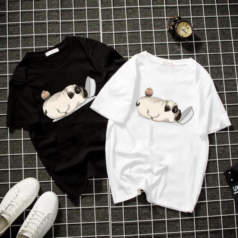Áo thun unisex form rộng chó pug dễ thương vải dày mịn 2019T2106