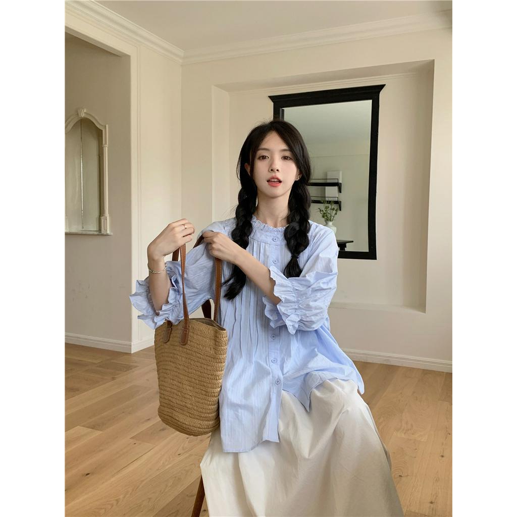 65791 Áo Sơ Mi Rộng Rãi Màu Xanh Dễ Thương / Váy Trắng