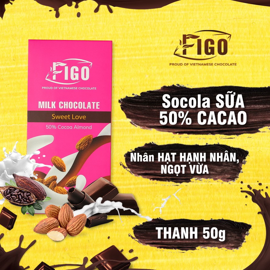 [Chính hãng] Kẹo Socola sữa Milk Chocolate Figo cho bé nhân hạt hạnh nhân béo, bùi, ăn là nghiện hộp 50gr