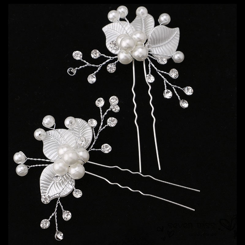 2 Trâm cài tóc hình hoa đính ngọc trai giả thanh lịch cho cô dâu