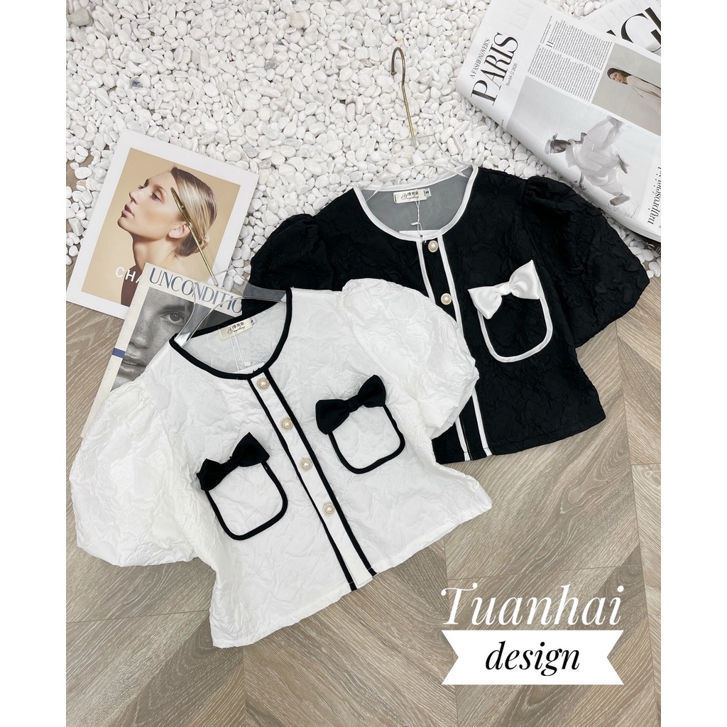 Áo Croptop - Áo Tay Phồng Ngắn Cổ Tròn Nơ Ngực Xinh Sắn Hk_shop9720