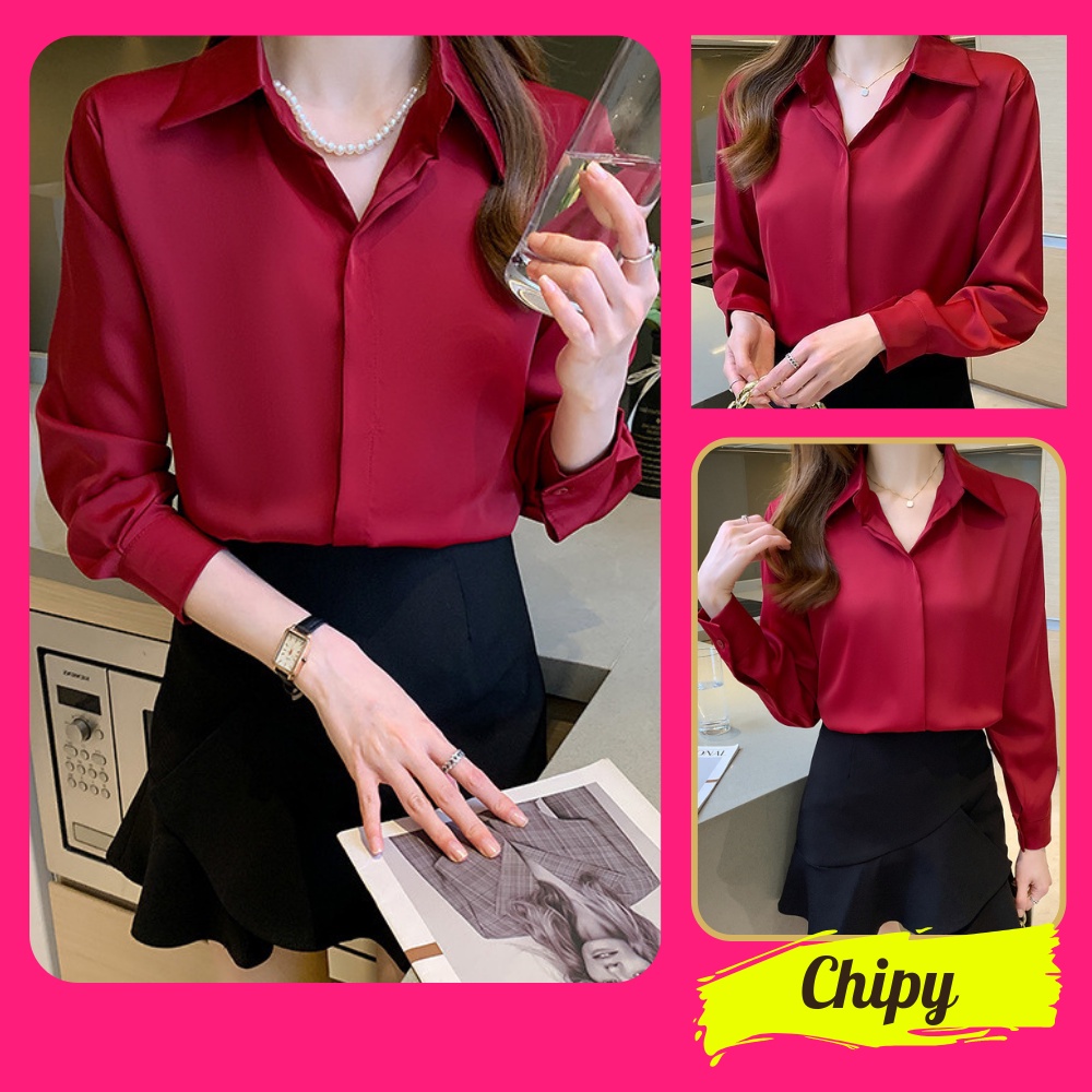 Áo Sơ Mi Nữ Công Sở Màu Đỏ Đô Cổ Đức CHIPY Kiểu Hàn Quốc Vintage Ulzzang Form Rộng Dài Tay Đẹp Chất Lụa Cao Cấp A2D