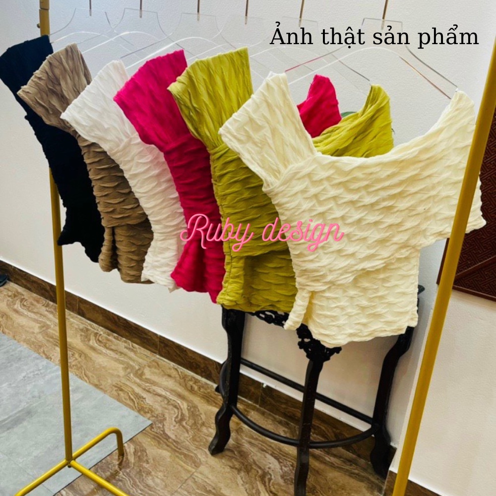 Áo kiểu nữ gân sóng lệch vai tiểu thư áo trễ vai sóng bèo - Ruby design