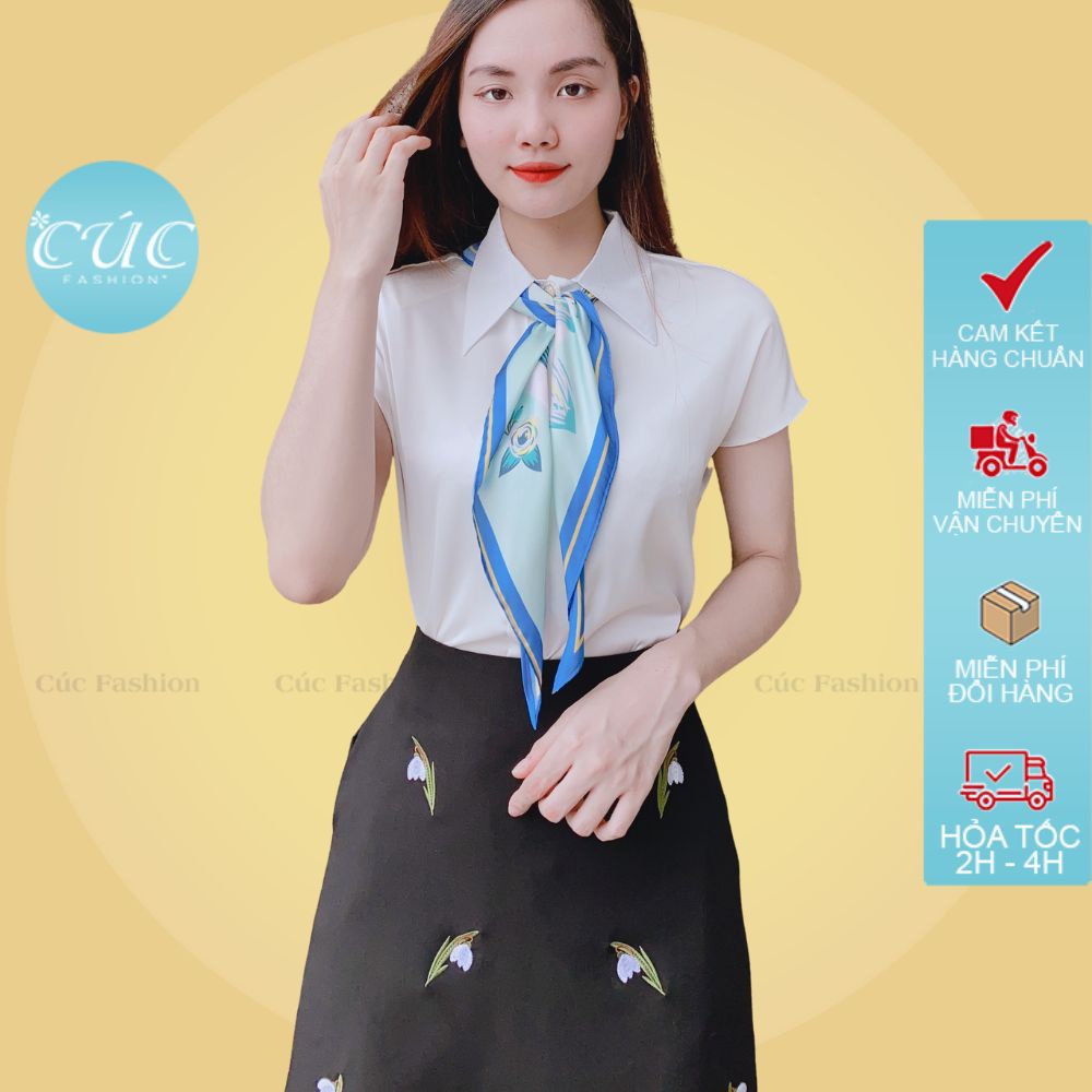 Áo sơ mi nữ Cúc Fashion somi kiểu ngắn tay họa tiết cao cấp thời trang công sở áo tay rơi lụa nơ khăn A1181