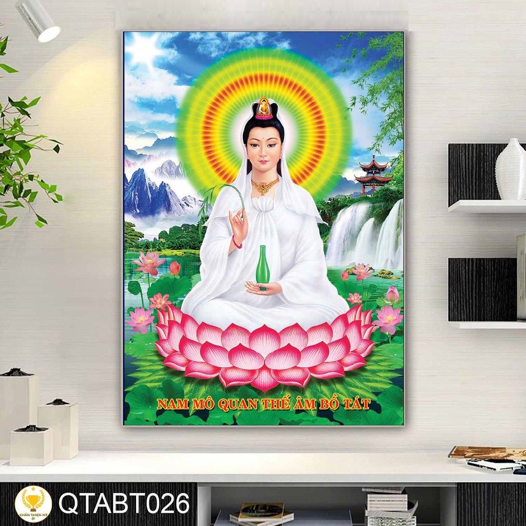 Tranh Quan Âm Bồ Tát có khung 40x60cm tặng đinh treo tranh