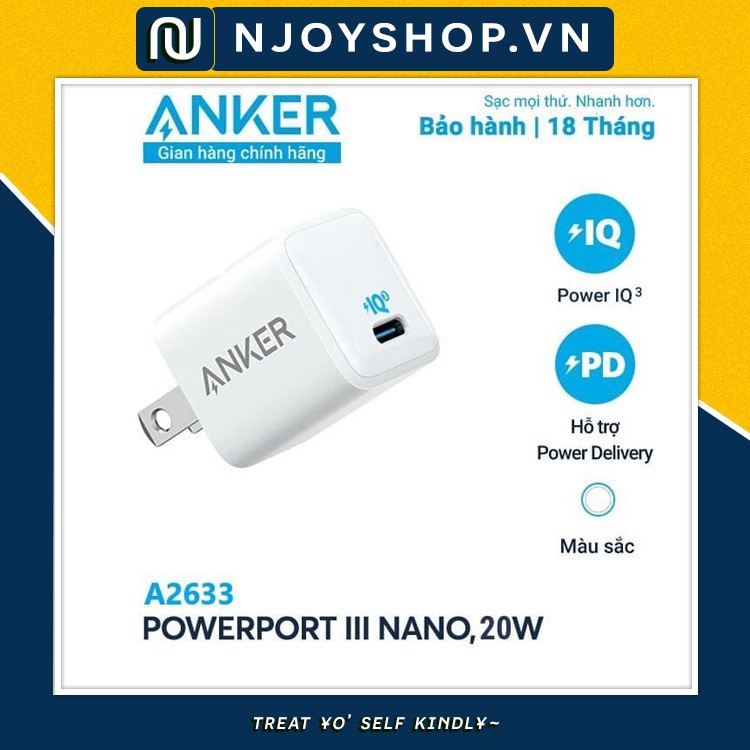 CỦ SẠC ANKER POWERPORT III NANO 20W 1 CỔNG USB-C PIQ 3.0 TƯƠNG THÍCH PD - A2633