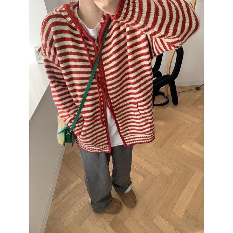 Áo Khoác Len Cardigan Có Nón Tay Dài Dáng Rộng Họa Tiết Kẻ Sọc Màu Tương Phản Thời Trang Xuân Đông Hàng Mới Dành Cho Bạn Nữ