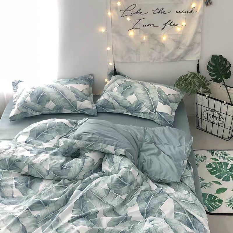 Bộ chăn ga gối cotton poly cao cấp mẫu-lá chuối xanh giá tốt