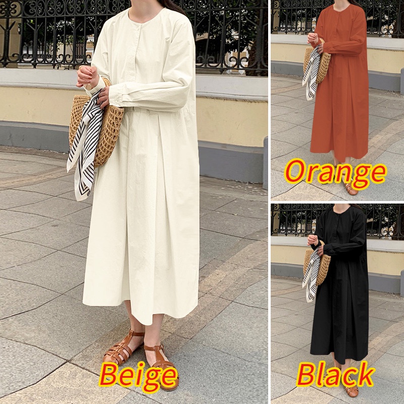 Đầm maxi Zanzea tay dài cài nút màu trơn thời trang cho nữ