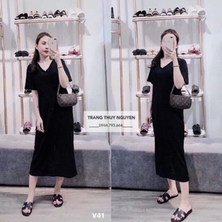 Váy suông basic cổ tym dáng dài chất cotton(2 màu đen-xám)