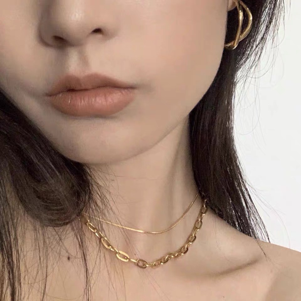 Vòng cổ choker bằng thép titan mạ vàng hồng 18K / vàng dạng chuỗi xích hình chữ nhật phong cách Âu Mỹ dễ phối đồ