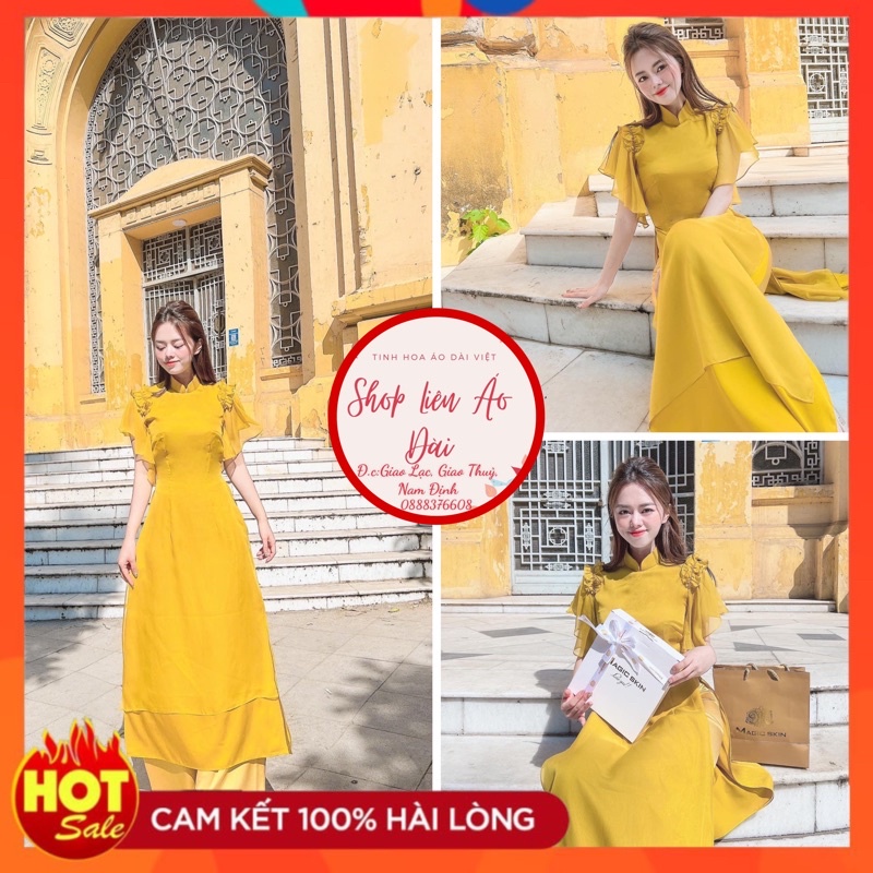 ♚﹍◄Áo dài vàng tơ 4 tà tay cánh tiên, cổ 3 phân lệch, chất lụa mềm mại