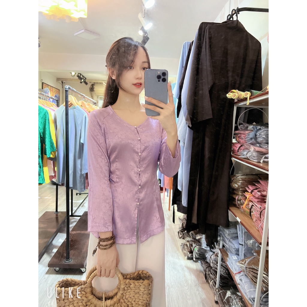 Áo màu Tím lụa gấm Hàn Châu # Đồ Phật tử lụa cao cấp # bà ba vân gấm hoa sen cúc ngọc xinh xắn AB12 Tím