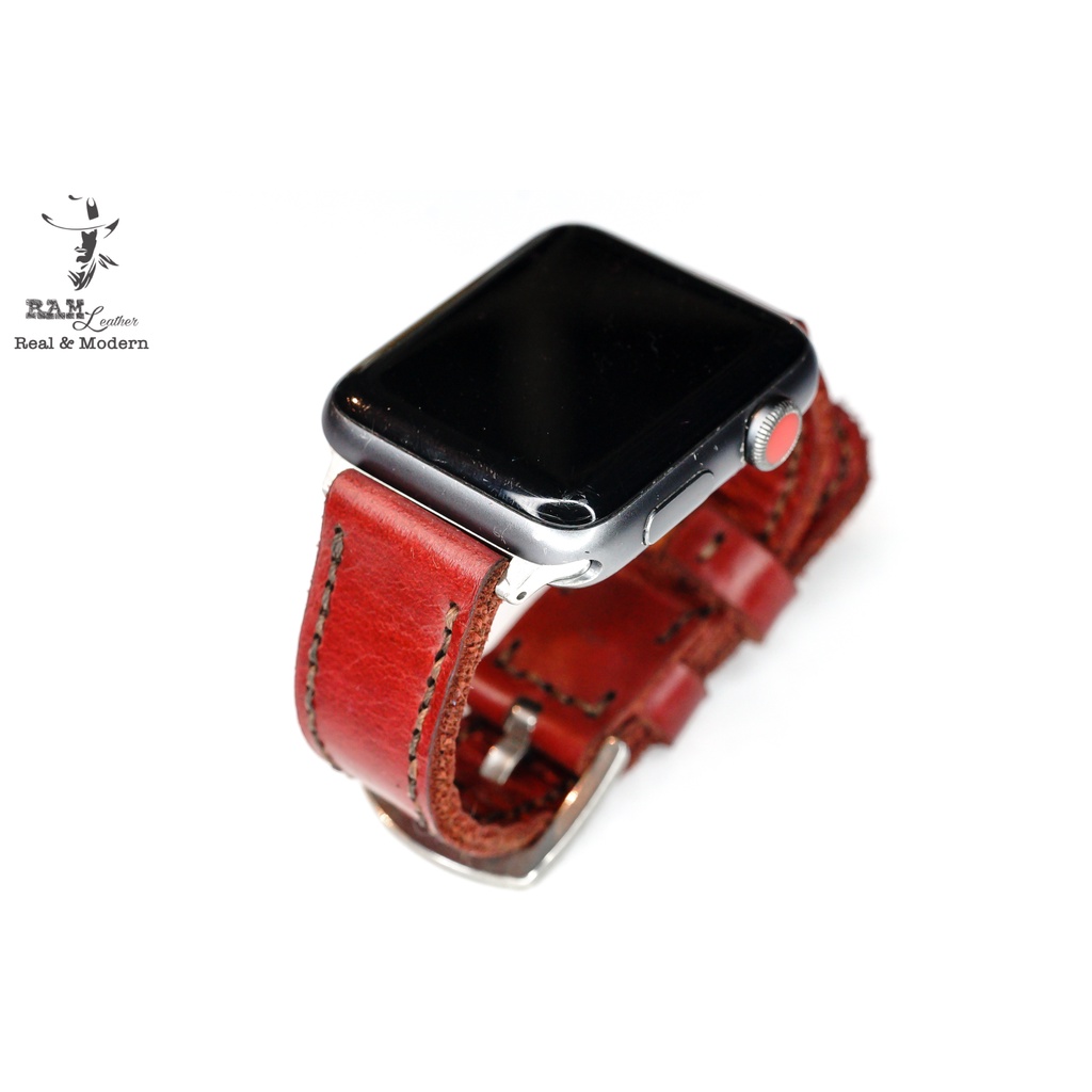 Dây apple watch da bò đỏ đô handmade bền chắc cực đẹp RAM Leather Classic 1982 - tặng khóa chốt và adapter