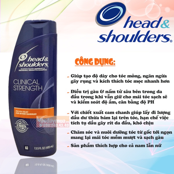 Head and shoulders Mỹ 𝐇à𝐧𝐠 𝐜𝐚𝐨 𝐜ấ𝐩 𝐍𝐡ấ𝐭 Clinical strength 400ml