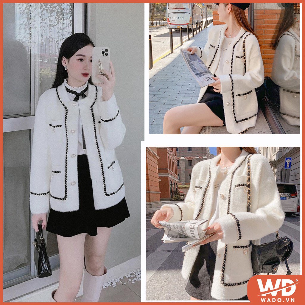 Áo khoác lông cừu đại hàn cổ tròn dày dặn ấp áp mặc đi Đà lạt Sa pa áo lông 4 túi viền dây dệt cúc ngọc