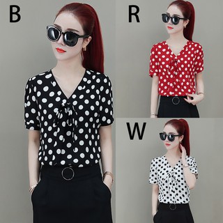 Blouse Bow Decoration Polka Dot Chiffon Shirt V-Neck Casual Short Sleeve Women’s Blouse