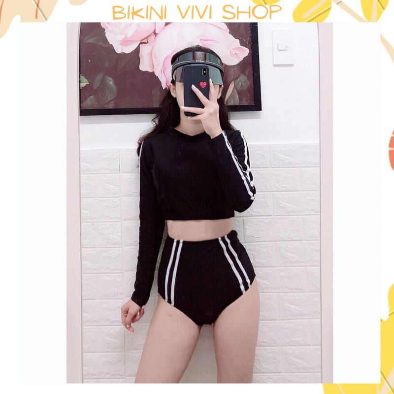 Đồ Bơi Nữ Kín Đáo, Bikini Đi Biển Tay Dài Quần Cạp Cao Đen Sọc Trắng [Kèm Ảnh Thật]
