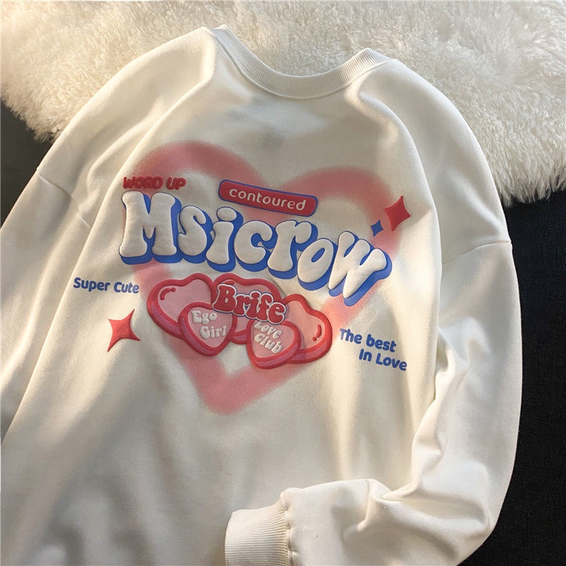 Áo sweater ZHELIHANGFEI dáng rộng hoạ tiết trái tim in chữ dễ phối