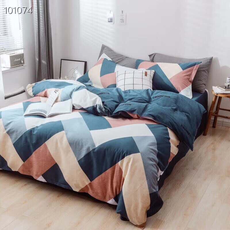 BỘ DRAP CHUN VÀ CHĂN PHAO CHẦN VỎ GỐI COTTON DEMI HÀN QUỐC-HÌNH KẺ SẮC MÀU