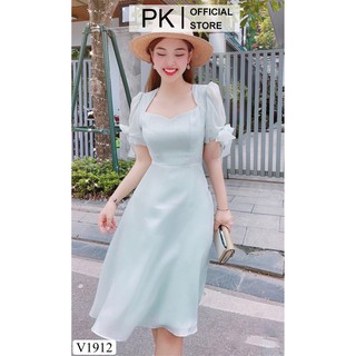 Đầm thiết kế dáng xoè xanh mint tay nơ v1912, váy xoè voan hàn cao cấp - pk official