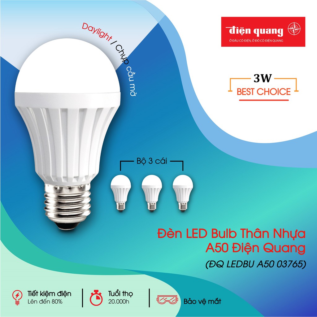 Đèn LED bulb thân nhựa Điện Quang ĐQ LEDBUA50 03765 (3W daylight chụp cầu mờ)