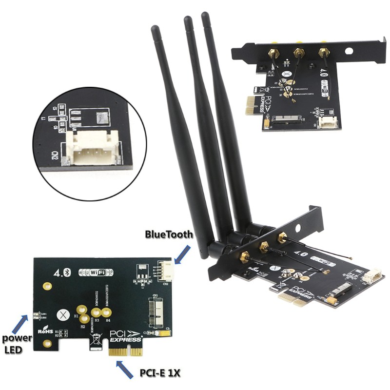 WiFi + Bluetooth 4.0 Wireless Card To Mini PCI-E 1X Adapter For PC/Hackintosh