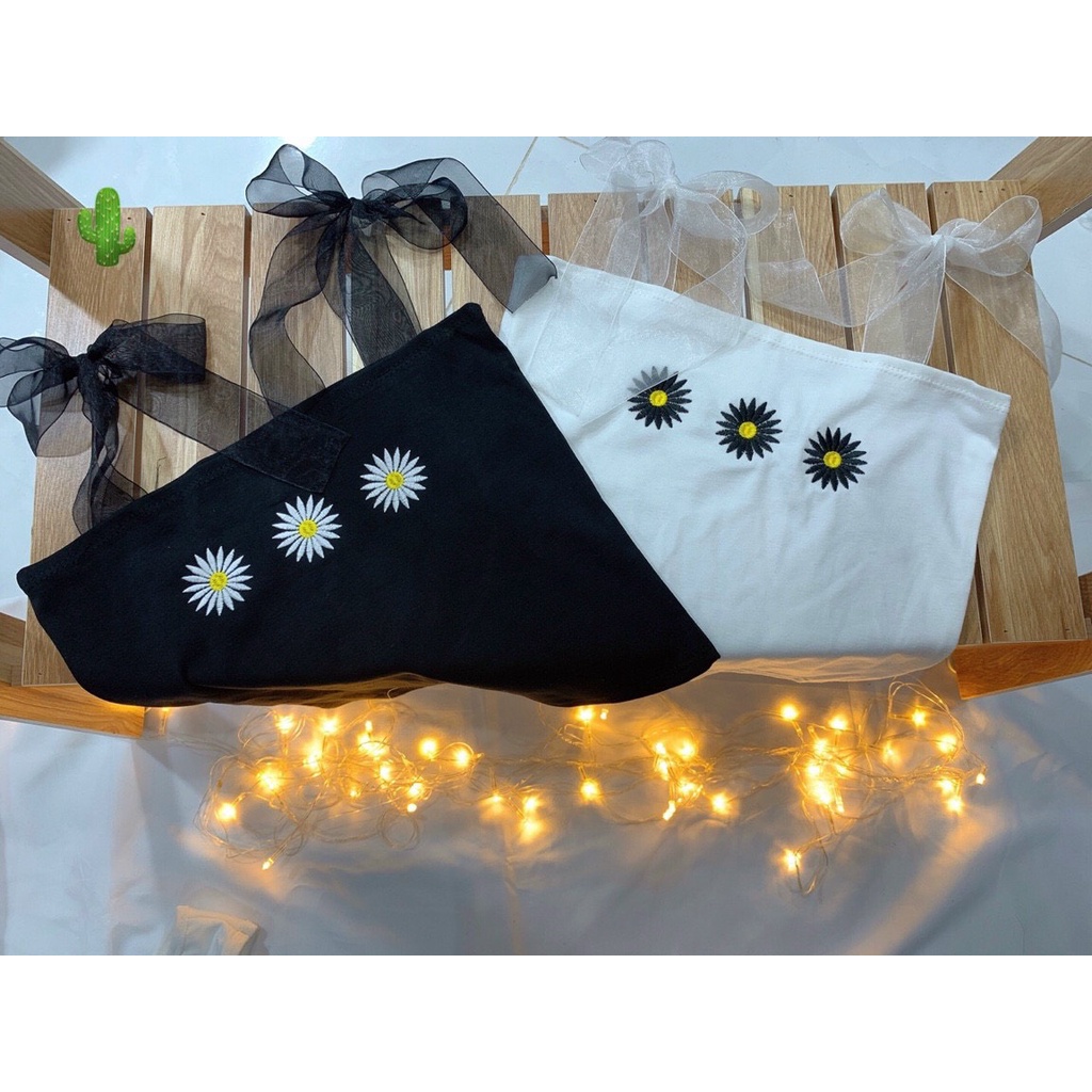 áo 2 dây ruy băng nơ vai thêu hoa cúc pc