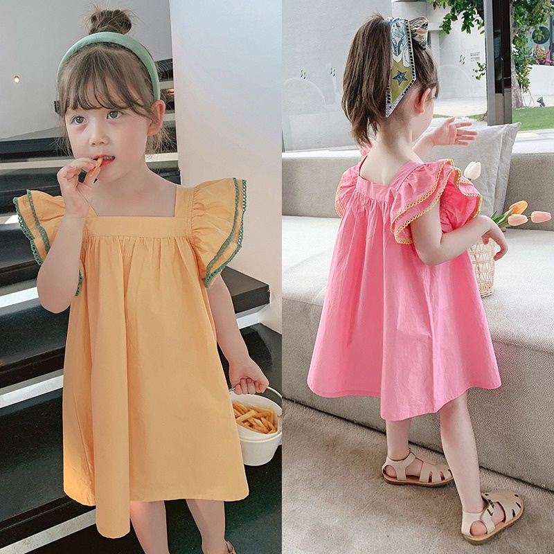 Đầm Chữ A Xếp Ly Cổ Vuông Dễ Thương Cho Bé Gái 3-8 Tuổi