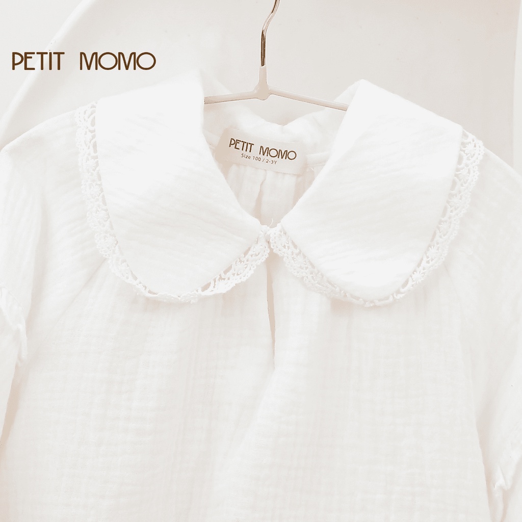 Áo Sơ Mi Dài Tay Cho Bé Gái PETIT MOMO Chất Vải Xô Muslin Mềm Mát Dáng Suông Cổ Sen Viền Ren H188