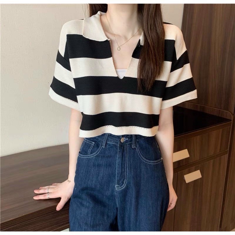 Áo croptop kẻ sọc form rộng nữ chất len mongtogi cổ bẻ hàng Quảng Châu 100% nhiều màu lựa chọn [ảnh shop chụp ở cuối]