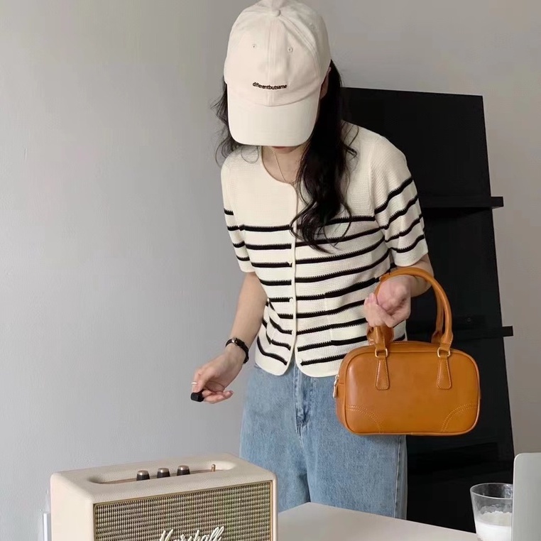 Áo cardigan dệt kim ZHELIHANGFEI tay ngắn cổ tròn kẻ sọc đơn giản trẻ trung